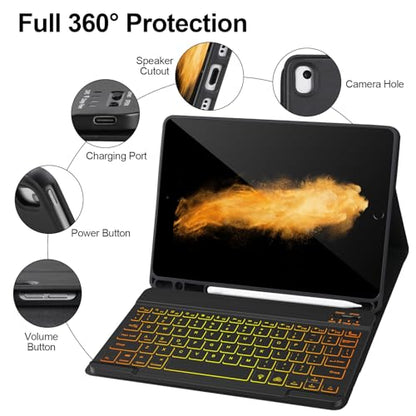 AHYWTAN Keyboard Case for iPad 9/8/7th Gen 10.2, Bluetooth Keyboard with 7 Color Backlit, iPad 10.2 inch Case with Keyboard, Pencil Holder, Black-L - color: Black-L