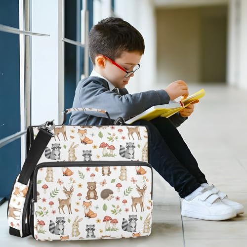 Zipper Binder Bag 3 Ring File Folder Portfolio Organizer Zippered Binder Bags with Strap Fits Laptop Women Men - color: Multi-cute Animals Woodland