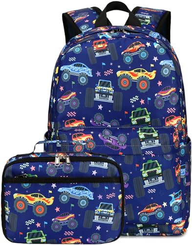 CAMTOP Backpack for Kids, Boys Girls Preschool Backpacks with Lunch Box Toddler Kindergarten School Bookbag Set - color: Monster Truck-navy