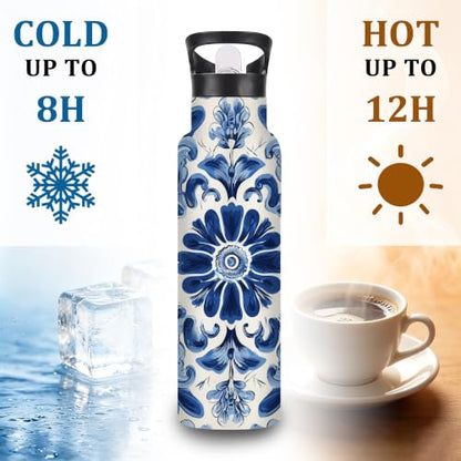 Water Bottles with Straw,Blue Flower Stainless Steel Cup Leak Resistant Double Wall Ethnic Paisley Insulated Water Bottle with Handle for Gym Cycling Hiking Office 20 oz - color: Blue Flower,Ethnic Paisley