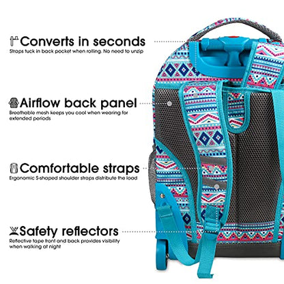 J World New York Sunrise Rolling Backpack Backpack, MINT TRIBAL - color: Mint Tribal