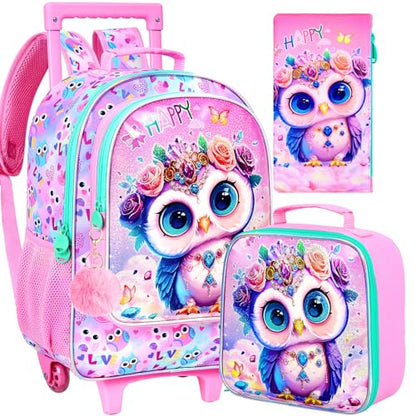 3Pcs Rolling Backpack for Girls, Kids Roller School Backpack with Wheels, Owl Wheeled Bookbag for Elementary Preschool Kindergarten(Pink) - color: Owl Pink