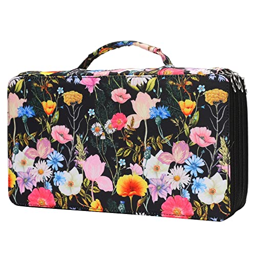 Vomgomfom 300 Slots Marker Bag, 4-Layer Zipper Portable Art Supply Organizer, PU Leather Large Capacity Marker Case Holds 100 Markers or 300 Colored Pencils with Handle (Black Flower) - color: E Black Flower, size: 300 Slots