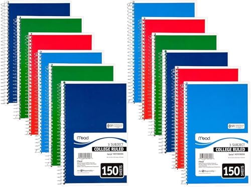 Spiral Bound Notebook, College Rule, 6 X 9-1/2, 3 Subject 150 Sheets/Pad [Set of 2]
