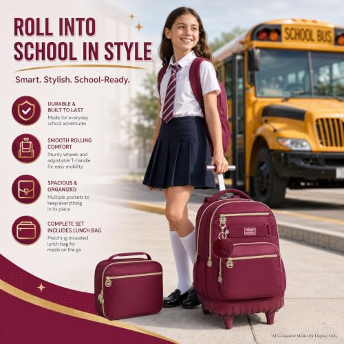 HPJGD 3PCS Girls Rolling Bookbag, Womens Wine Red School Backpacks with Wheels, Water Resistant Roller Kids Wheeled Bookbag Set - color: Classic Wine Red Rolling Backpack Set