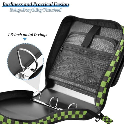 Green Black Checkered Binder Bag 3 Ring Zipper Binders with Shoulder Strap for School Office Organizer Storage - color: Q009