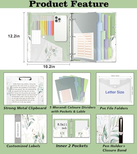 3 Ring 1 Inch Binder Organizer, KLLVE Three Ring Binders with Clipboard, 5 Pocket Divider with tabs, Folder, 18 Divider Stikers, Pen Loop (Leaves, Letter Size) - color: Leaves, size: 1in（Letter Size）