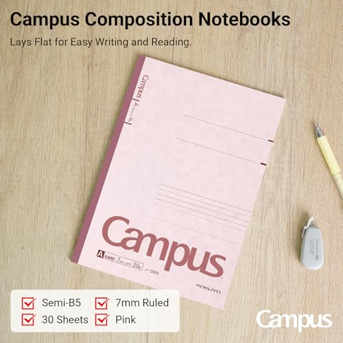 KOKUYO Campus Composition Notebook, 7 x 10 inch Lined Notebooks with 30 Sheets 7mm Ruled Paper, 10 Pack B5 Pink Notebook for School and Work, School Supplies Comp Book for Journal Diary - color: Pink