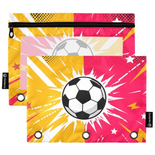 Gredecor 3 Ring Binder Pencil Pouch, Comic Soccer Zippered Pen Case Pouches with Clear Window, 2 Pack Stylish Office & School Supplie - color: Comic Soccer