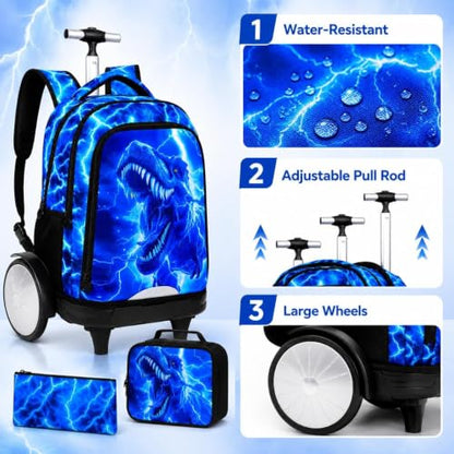 3Pcs Large Rolling Backpack for Boys, 20 Inch Detachable Light Up Wheeled Bookbag with Lunch Box, Durable Lightning Dinosaur Roller Backpack for Elementary Middle School (Blue) - color: Large Wheels Dinosaur Blue