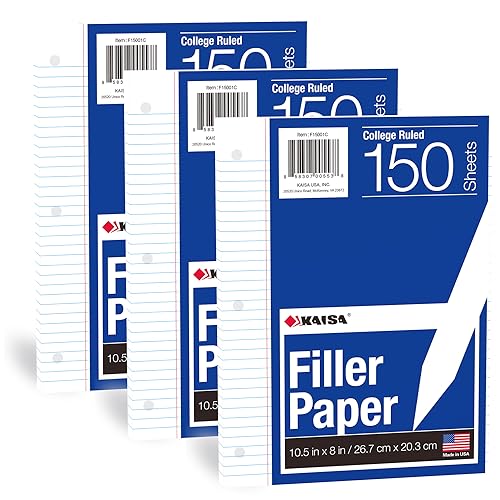 Kaisa Loose Leaf Paper Filler Paper 8x10.5 inches, College Ruled, 3-Hole Punched for 3-Ring Binder, 150 Sheets/Pack (3 Pack) F15001C - color: College, size: 3pack