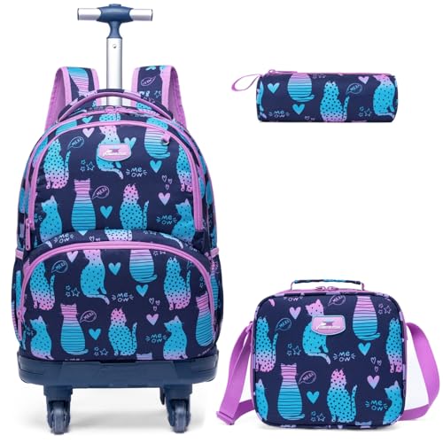 Kids Rolling Backpack for Girls Cats Suitcases Trolley Roller Luggage Backpacks with 360° Rotating Wheels Laptop Lunch Box Pencil Case for Elementary 18" Travel School Bag Gradient Colors - color: Blue-jianbianmao-1220