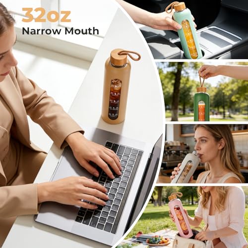 Sursip 32 oz Glass Water Bottle, Time Marker with Silicone Sleeve & Lid | 1 Liter BPA-Free Motivational Bottle, Leak-Proof Dishwasher Safe - color: Black