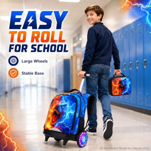 AGSDON Quiet Rolling Backpack with Lunch Box Set – Large Luminous Wheel Water‑Resistant Wheeled Bag for School, Outings, and Travel | Fire-Lightning Dinosaur 3‑Piece Organizer Backpack - color: Large Luminous Wheel Rolling Fire-lightning Dino
