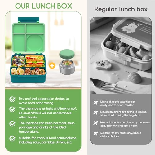 Bento Box for Kids - Leak-Proof Bento Lunch Box with Insulated Thermo Food Jar - 4 Compartments, 1 Removable Divider, 1 Spoon, 1 Fork - Dishwasher Safe, BPA-Free (Green) - color: Green