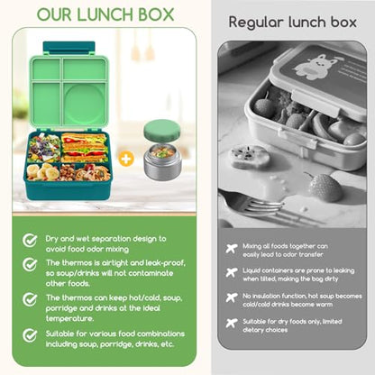 Bento Box for Kids - Leak-Proof Bento Lunch Box with Insulated Thermo Food Jar - 4 Compartments, 1 Removable Divider, 1 Spoon, 1 Fork - Dishwasher Safe, BPA-Free (Green) - color: Green
