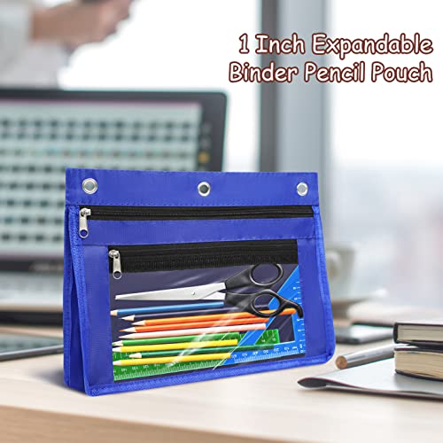 YoeeJob 1 Pack Pencil Pouch for 3 Ring Binder, Expandable Binder Pouches with Zipper, Large Capacity Pen Holder Case with Clear Window School Class Office Organizers, Blue - color: Blue