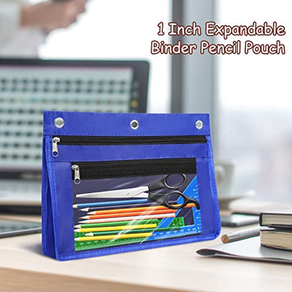 YoeeJob 1 Pack Pencil Pouch for 3 Ring Binder, Expandable Binder Pouches with Zipper, Large Capacity Pen Holder Case with Clear Window School Class Office Organizers, Blue - color: Blue