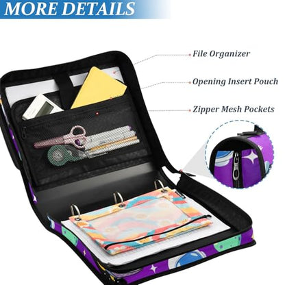 3 Ring Zipper Binder with Shoulder Strap Cute Astronauts Alien Space 1.5 inch Binders Keeper Large Capacity Multi Pockets for School Office Supplies