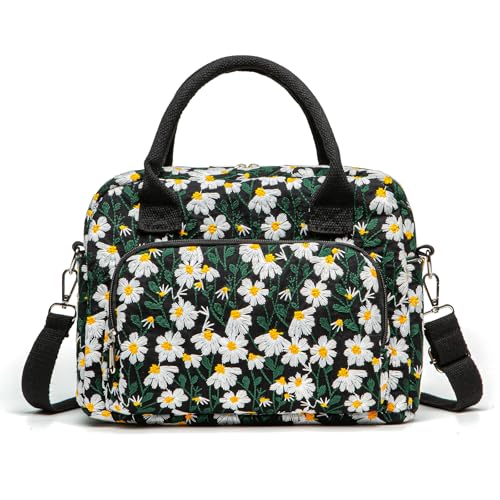 MEXS Insulated Lunch Bag for Women Men Large Reusable Lunch Box Adult Leakproof Portable Cooler Tote Bags for Work Picnic - color: Black Daisy