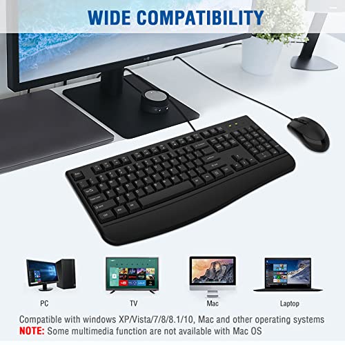 Wired Keyboard and Mouse Combo, EDJO Full-Sized Ergonomic Computer Keyboard with Palm Rest and Optical Wired Mouse for Windows, Mac OS Desktop/Laptop/PC - color: Black
