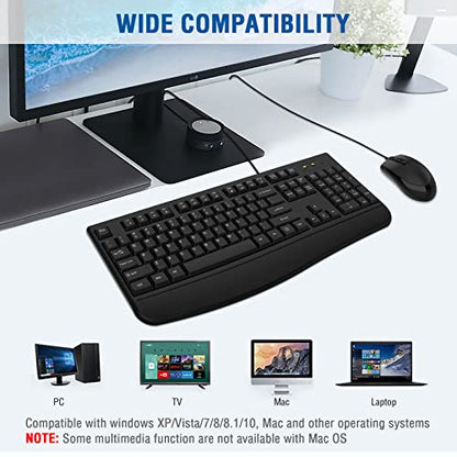 Wired Keyboard and Mouse Combo, EDJO Full-Sized Ergonomic Computer Keyboard with Palm Rest and Optical Wired Mouse for Windows, Mac OS Desktop/Laptop/PC - color: Black
