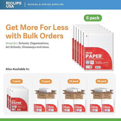 Wide Ruled Loose Leaf Paper Wide Ruled Notebook Paper Lined Writing Filler Paper 10.5” x 8” 56 gsm 600 Sheets 100 Sheet Per Pack (6 Pack) - size: 6 Pack