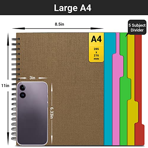 EUSOAR 5 Subject Spiral Notebook, 1pcs A4 11" x8-1/2 College Ruled Writing Pad, 100GSM 120Sheets/ 240Pages of Lined Paper, Thick Hardcover, for Traveling Students, Office and Business, Kraft - color: Kraft, size: A4-1Pack