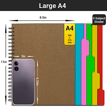 EUSOAR 5 Subject Spiral Notebook, 1pcs A4 11" x8-1/2 College Ruled Writing Pad, 100GSM 120Sheets/ 240Pages of Lined Paper, Thick Hardcover, for Traveling Students, Office and Business, Kraft - color: Kraft, size: A4-1Pack