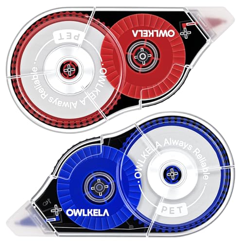 OWLKELA 2 Pack Plus Correction Tape, Tear-Resistant White Correction Tape, No Dry Time, Easy to Use, Office & School Supplies, 0.2 in Wide, 98.4 Ft, Red Core, Blue Core - color: Blue & Red