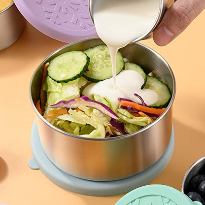 18/8 Stainless Steel Food Snack Storage Containers(4 Pack: 3/7/13/22oz) | Stackable, Leakproof Lunch Box with Silicone Lid, for Kids and Toddler Home School Use - color: 4 Pack(Light Pink, Light Green, Light Purple, Light Blue)