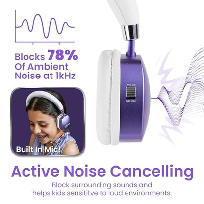 Puro Sound Labs Noise Cancelling Headphones for Kids - 85 dB Volume Limit, Built in Mic, 35-Hour Battery, Lightweight On Ear Design & Comfy Fit, Bluetooth Headphones for Kids – PuroQuiet Plus, Purple - color: Purple