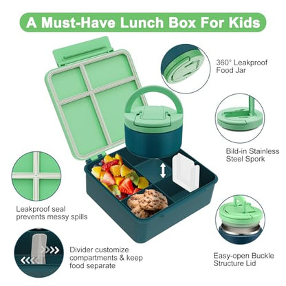 MAXSO Bento Lunch Box Set for Kids with 8 oz Soup Thermo, Leakproof Hot Food Container with 4 Compartments, Insulated Food Jar for Toddler Daycare Boys Girls School - Green - color: Green