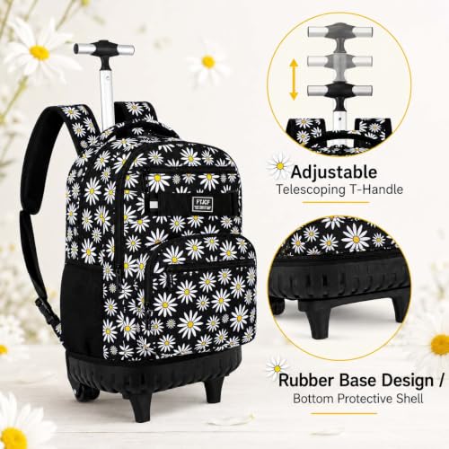 gxtvo Girls Rolling Backpack, Women Roller Bookbag with Lunch Box for Adults, Water Resistant Wheeled School Bag for College Teens Kids Travel - Black Flower - color: Chrysanthemum Black