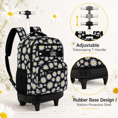 gxtvo Girls Rolling Backpack, Women Roller Bookbag with Lunch Box for Adults, Water Resistant Wheeled School Bag for College Teens Kids Travel - Black Flower - color: Chrysanthemum Black