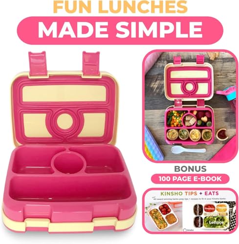 kinsho Bento Lunch Box for Kids Toddlers Girls, 4 Portion Sections Secure Lid, Microwave Safe BPA Free Removable Tray, Pre-School Kid Daycare Lunches Snack Container Ages 3 to 5, Cute Summer - color: Cute Summer Bento