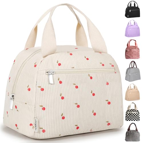 Cute Lunch Box Tote Bag - Corduroy Insulated Cooler Bags for Women - Lightweight Reusable Portable Soft Lunch Pail Kit for Kids Teen Girl Adults Work School Picnic Travel Cherry 8L - color: A-Cherry, size: 8L