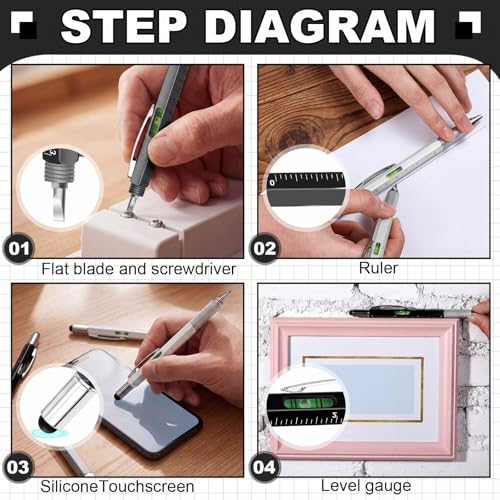 Zhanmai 8 Pcs 6 in 1 Multitool Pen Bulk Gift for Men Multi Tool Ballpoint Pen with Ruler Level Screwdriver Stylus Cool 20 Ink Refill Tool Gadget Birthday Christmas Stocking Stuffers (Black White Gray) - color: Black, White, Gray