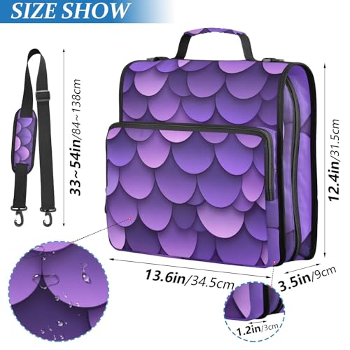 Purple Fish Scale Pattern Zipper Binder 3 Ring 1.5 Inch School Binder Organizer with Shoulder Strap Handle File Folder Pockets Large Capacity Students Girl Boy Men Office Work - color: Purple Fish Scale Pattern