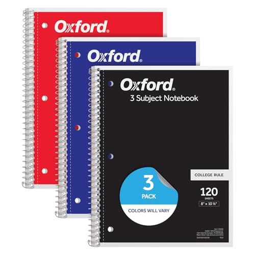 Oxford Spiral Notebooks, 3 Pack, 3 Subject, College Ruled Notebooks for School, 8 x 10.5 Inches, 120 Sheets, 2 Dividers, Assorted Colors, Back to School Supplies (65202) - size: Pack of 3