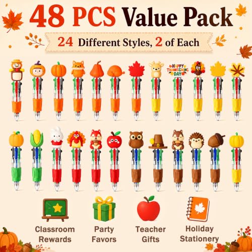 Vellibring 48Pcs Thanksgiving Fun Pens, Cute Autumn 4-in-1 Maple Leaf Pumpkin Turkey Animal Character MultiColor Pens Fall Harvest Party Favor Classroom Reward Stationery Gift - style: Thanksgiving-48pcs