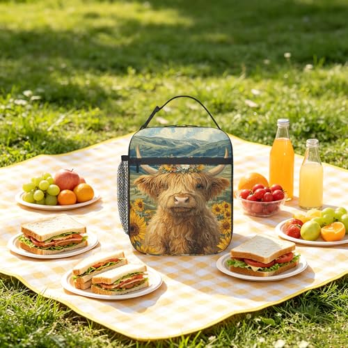 Highland Cow Sunflower Kids Lunch Bag Insulated Lunch Box Cooler Freezable Meal Prep Bag with Shoulder Strap Waterproof Lunch Container for Boys Girls School Office Picnic - color: Highland Cow Sunflower