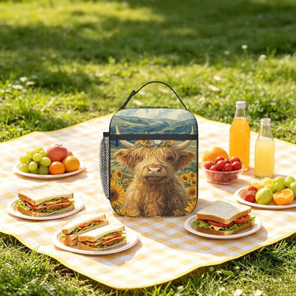 Highland Cow Sunflower Kids Lunch Bag Insulated Lunch Box Cooler Freezable Meal Prep Bag with Shoulder Strap Waterproof Lunch Container for Boys Girls School Office Picnic - color: Highland Cow Sunflower