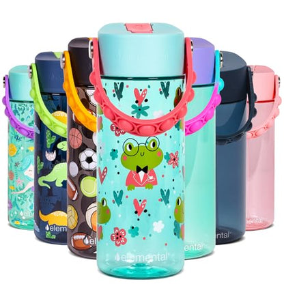 Elemental Water Bottles for Kids - Splash Kids Water Bottle for School with Pop-it Handle - BPA Free Tritan Plastic Water Bottle with Straw Leak Proof when Spout is Closed - Fancy Frog - 18oz - color: Fancy Frog
