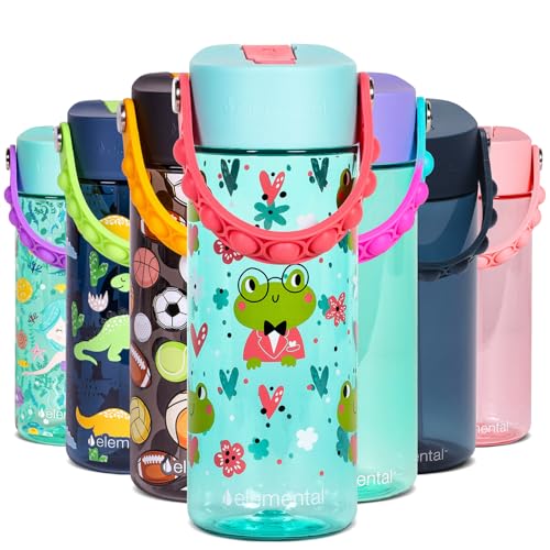 Elemental Water Bottles for Kids - Splash Kids Water Bottle for School with Pop-it Handle - BPA Free Tritan Plastic Water Bottle with Straw Leak Proof when Spout is Closed - Fancy Frog - 18oz - color: Fancy Frog