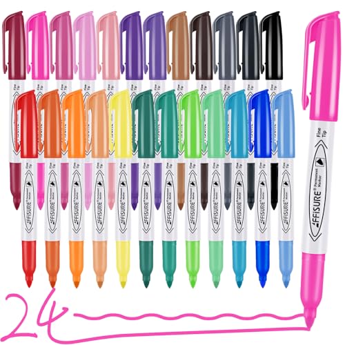 Permanent Markers Assorted Colors Set, 24 Colored Markers 24 Pack, Fine Point，Works on Wood, Plastic, Metal, and More, for Adults, Artist, Taecher, Kids - color: 24 color
