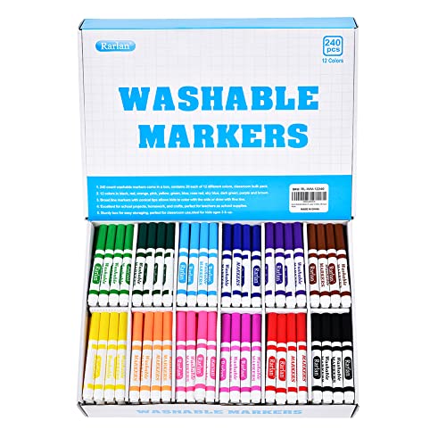 Rarlan Washable Markers Bulk for Kids, Bulk pack, 12 Colors, 240 Count | Broad Line Conical Tip Coloring Markers, Classroom Must Have, School Supplies, Art Supplies & Back to School