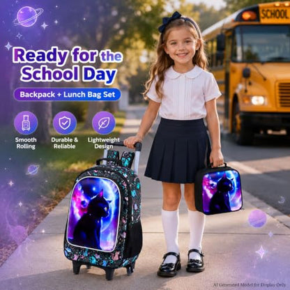 AGSDON 3PCS Rolling Backpack for Girls and Boys, Kids Roller Wheels Bookbag, Wheeled Elementary School Bag with Lunch Bag - color: Planet Cat Roller