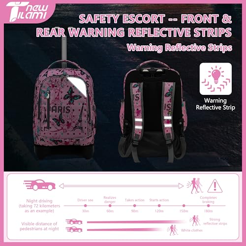 NEW TILAMI 18 inch Rolling Backpack for Kids Waterproof, Adjustable Handle Stair Climbing, Large Storage for School, Travel, Girls & Boys, Pink Romantic Paris - color: Pink Romantic Paris