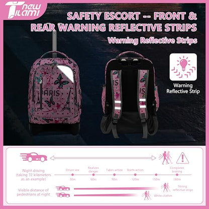 NEW TILAMI 18 inch Rolling Backpack for Kids Waterproof, Adjustable Handle Stair Climbing, Large Storage for School, Travel, Girls & Boys, Pink Romantic Paris - color: Pink Romantic Paris